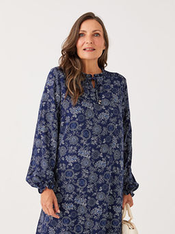 Ba?lamal? Yaka Desenli Uzun Kollu Viskon Elbise