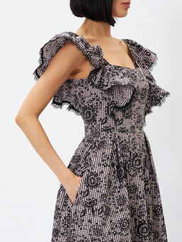 Платье из хлопка с отделкой из кружева OD-945-1 клетка ч/б с напылением