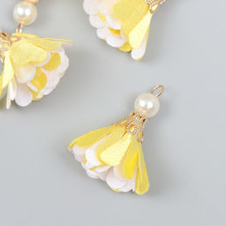 Декор текстиль Цветок 2 с жемчужиной. Жёлтый и белый, набор 6 шт., 3 см