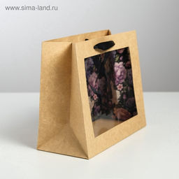 Цена за 2 шт. Пакет подарочный крафтовый с пластиковым окном, упаковка, Flowers, 24?20?11 см