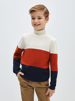 Bal?k?? Yaka Renk Bloklu Uzun Kollu Erkek ?ocuk Triko Kazak