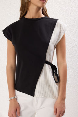 Siyah*001 Pilise ve Baglama Detayl? Relaxed/Rahat Kal?p Orme Bluz TWOSS25BZ00094