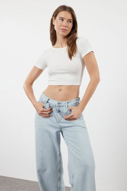 Pembe-Ekru 2li Paket Crop Viskoz/Yumusak Kumas Esnek Orme Bluz TWOSS23BZ00108