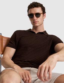 Koyu Kahverengi Slim Fit Keten Kar___ml_ Apa_ Yaka Triko Ti__rt