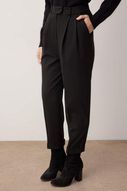 Siyah Pilili Genis Paca Extra Wide Leg Dokumlu Kumas Pantolon TWOAW26PL00155 - Trendyolmilla фото 6