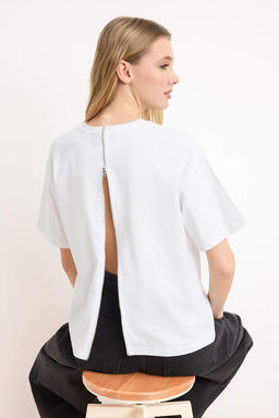 TRENDYOLMILLA Beyaz %100 Pamuk Fermuar Detayl? Relaxed/Rahat Kal?p Orme T-Shirt TWOSS24TS00272  фото 18