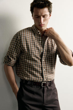 CAMISA CUADROS 100% LINO / Khaki - Zara фото 5