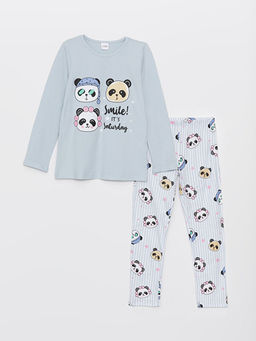 Bisiklet Yaka Bask?l? Uzun Kollu K?z ?ocuk Pijama Tak?m?