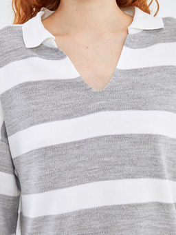 Polo Yaka ?izgili Oversize Kad?n Triko Kazak