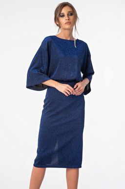 Платье из фактурного блестящего трикотажа синее новый год
