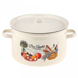 Пикник Кастрюля эмалированная 7л, форма цилиндрическая, металлическая крышка, металлические ручки, жемчужный (Россия)