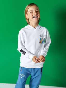 Bask?l? Uzun Kollu Erkek ?ocuk Hoodie