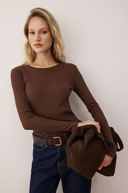 Kahverengi Fitilli Esnek Uzun Kollu Bisiklet Yaka Orme Bluz TWOAW26BZ00313