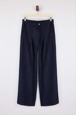 Koyu Mavi DOKUMLU Pile Detayl? Normal Bel %100 Pamuk Wide Leg Jeans TWOSS26JE00027
