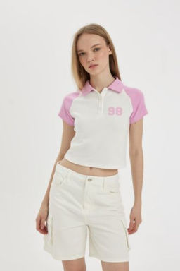 Coool Fitted Bask?l? K?sa Kollu Tisort