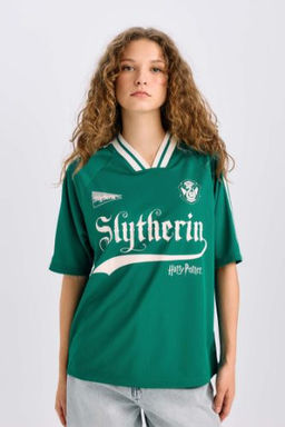 Harry Potter Oversize Genis Kal?p V Yaka Bask?l? K?sa Kollu Tisort