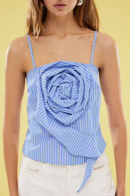 Mavi Ask?l? Onu Gul Detayl? Cizgili Dokuma Bluz TWOSS25BZ00253 - Trendyolmilla фото 3