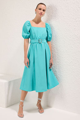 Petrol Duz Etegi Belden Ac?lan Kemerli Midi Dokuma Elbise TWOSS23EL01123