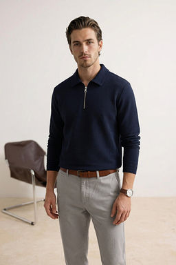 Lacivert Loose Fit Dokulu Fermuarl_ Uzun Kol Polo Yaka T-shirt TMNSS26PO00002 - Trendyolmilla фото 2