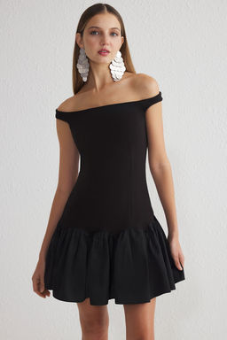 Siyah A-Kesim Carmen Yaka Dokuma K?sa Abiye Gece Mezuniyet Elbisesi TPRSS25EL00139