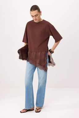 Siyah Oversize/Genis Kal?p Asimetrik Dantel Detayl? %100 Pamuk Orme T-shirt TWOSS26TS00296 - Trendyolmilla фото 6