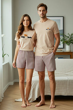 Bej _izgili Regular Fit Couple/_ift _ortlu %100 Pamuk _rme Pijama Tak_m_ TMNSS24PT00017