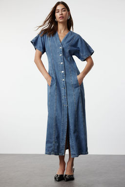 Mavi Dikis Detayl? V Yaka Maxi Denim Elbise TWOAW25EL00088 - Trendyolmilla фото 2