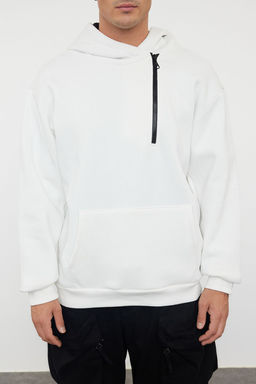 TRENDYOL MAN Ekru Oversize/Genis Kesim Fermuar Ici Yaz? Bask?l? Polarl? Kapusonlu Sweatshirt TMNAW25SW00074 - Trendyolmilla фото 4