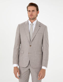 Bej Slim Fit _izgili Y_n Ka_mir Kar___ml_ Tak_m Elbise