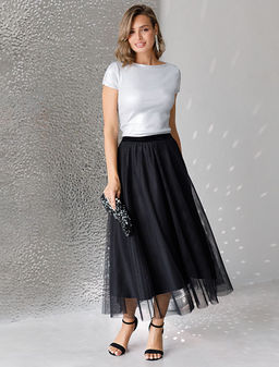 Юбка миди вечерняя на резинке из матового сатина с мягкой сеткой - Vilatte фото 5