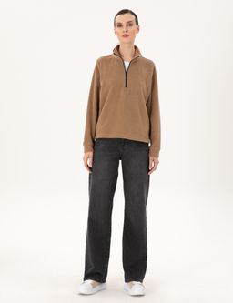 Camel Comfort Fit Fermuarl_ Polar Sweatshirt
