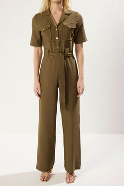 Haki Kusakl? Gomlek Yakal? Dugmeli Boru Paca Dokuma Tulum TWOSS20TU0055