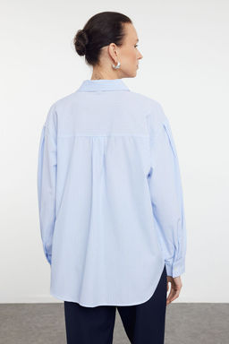 Mavi Cizgili Oversize/Genis Kal?p Dokuma Gomlek TWOSS23GO00144