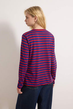 K?rm?z?-Lacivert Cizgili Regular/Normal Kal?p Basic Bisiklet Yaka Orme T-Shirt TWOAW23TS00002