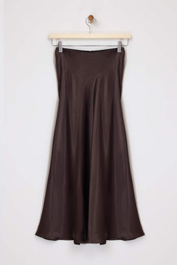Kahverengi Saten A-line/Can Kesim Midi Etek TWOAW26ET00163