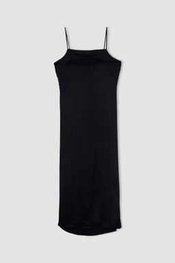 Черное атласное платье миди Bodycon с бретелями - Defacto фото 10