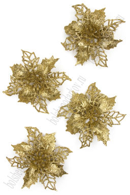 Новогодние украшения с блестками "Пуансеттия" 10 см (8 шт) SF-8028, золото