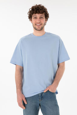 Erkek Oversize Fit Bisiklet Yaka A__k Mavi Ti__rt Sepette S_rpriz _ndirim