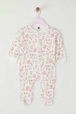 Ekru K?z Bebek %100 Pamuk Bask?l? Uzun Kol Orme Tulum TKDSS25TU00002