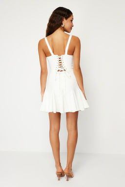 TRENDYOLMILLA Bridal Ekru A-Kesim Astarl? Korse Detayl? Biyeli Dokuma K?sa Abiye Gece Elbise TPRSS23EL00251  фото 6