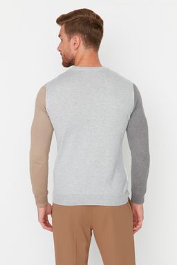 TRENDYOL MAN Gri Slim Fit Pamuklu Bisiklet Yaka Renk Bloklu Triko Kazak TMNAW21KZ0566 - Trendyolmilla фото 5
