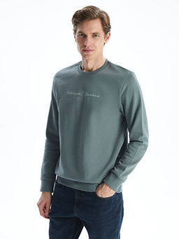 Bisiklet Yaka Bask?l? Erkek Kal?n Sweatshirt
