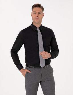 Siyah %100 Pamuk Parlak Saten Slim Fit Uzun Kollu Basic G_mlek