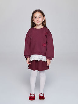 Bisiklet Yaka ?i?ek Aplikeli K?z ?ocuk Sweatshirt