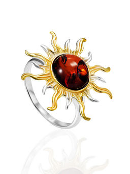 Роскошное кольцо Гелиос с натуральным вишнёвым янтарём