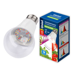 LED-A60-10W/SPM3/E27/CL PLP35WH MULTIPLANT Лампа светодиодная для растений. Форма "A", прозрачная. Три спектра для проращивания, роста и цветения. Картон. ТМ Uniel