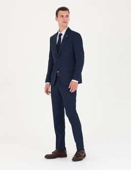 Kareli Lacivert Slim Fit Tak_m Elbise
