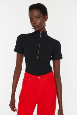 Siyah Fermuarl? Fitted/Vucuda Oturan Dik Yaka Fitilli Esnek Orme Bluz TWOSS22BZ0679 - Trendyolmilla фото 2