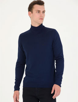 A__k Lacivert Slim Fit Yar_m Bal_k__ Yaka Basic Triko Kazak