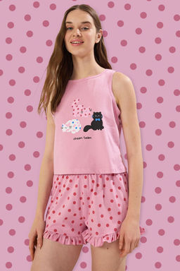 Trendyolmilla Pembe %100 Pamuklu Kedili Puantiyeli F?rf?r Detayl? Sortlu Orme Pijama Tak?m? THMSS25PT00118
